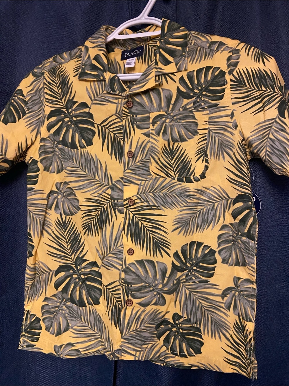 Place Yellow Short Sleeve Palm Leaf Button-Down Shirt
